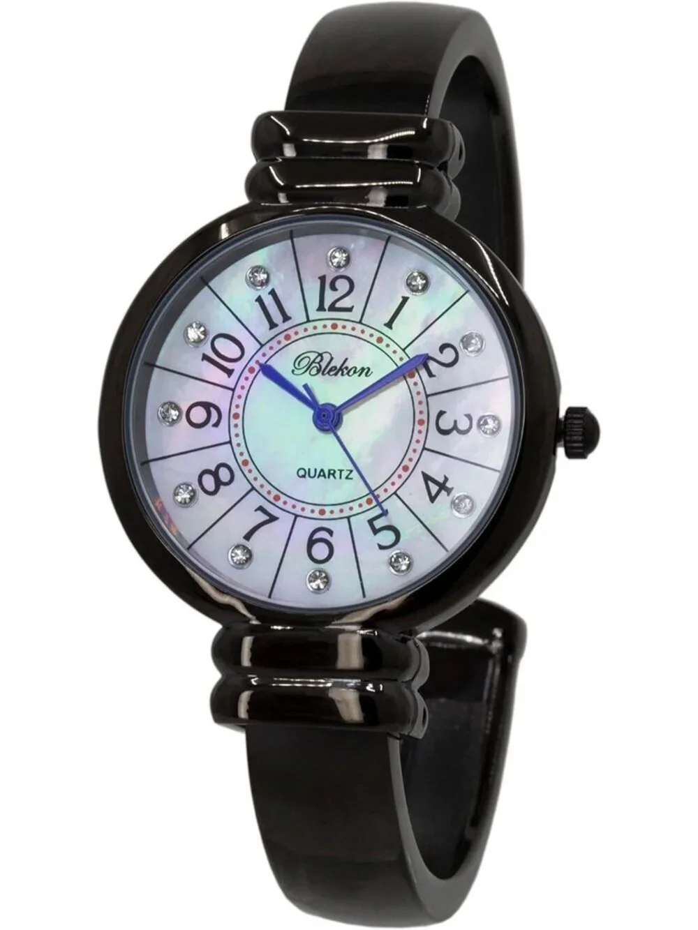 Women's Black And Blue Hand Analog Metal hinged Pearl Cuff Bracelet Wrist Watch